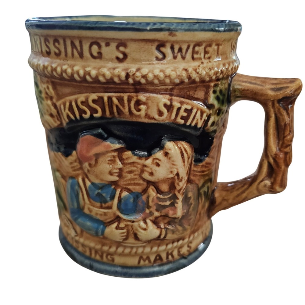 Vintage Kissing Stein Double Handle Ceramic Beer‎ Mug Relief Couple